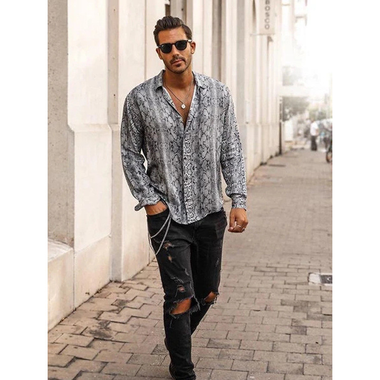 Camisa Masculina Estampada Estilo Europeu E Americano Estampa De Cobra Cardigã De Manga Comprida Casual Top Falso Longo