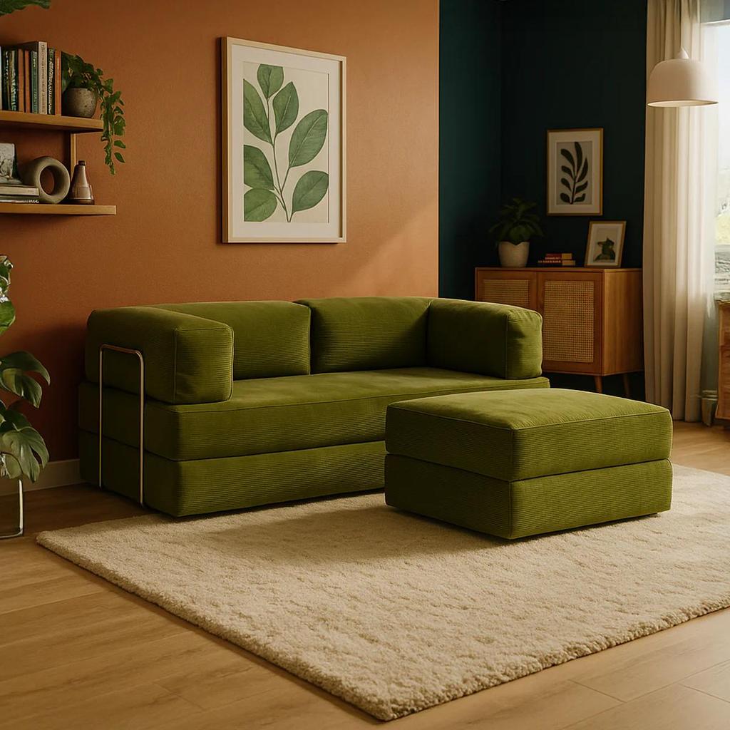 Sofá-Cama Flowin Cotelê Retratil vai na caixa com Chaise
