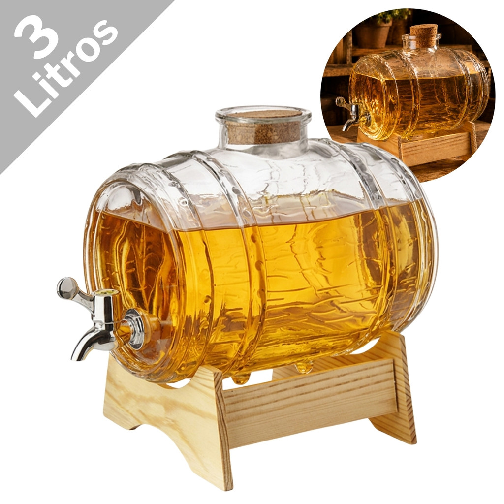 Barril De Vidro Para Vinho Licor E Cachaça Com Base Madeira Escolha Tamanho