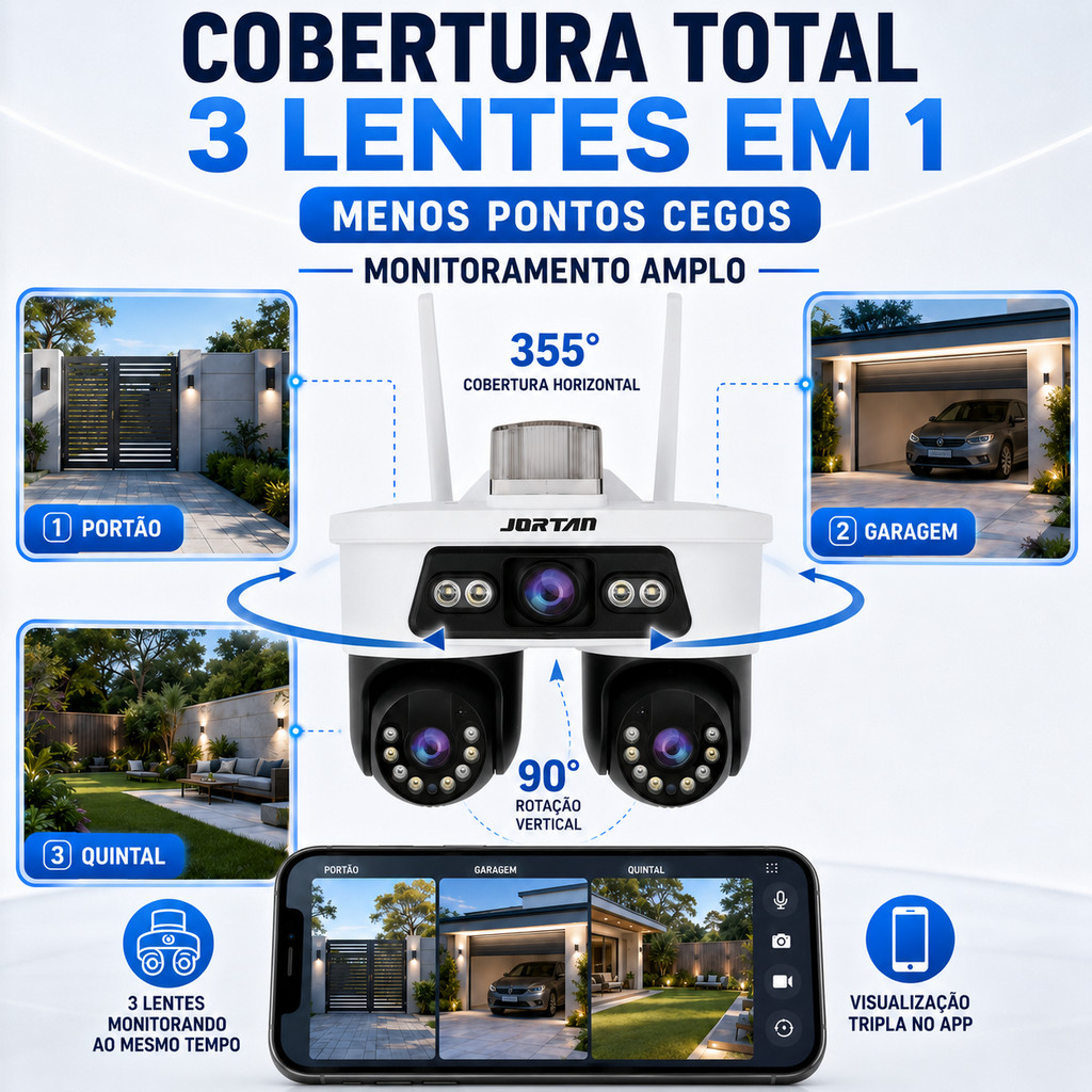 Câmera WiFi PTZ Externa 6MP com 3 Câmeras Visão Noturna Colorida e Controle pelo Celular