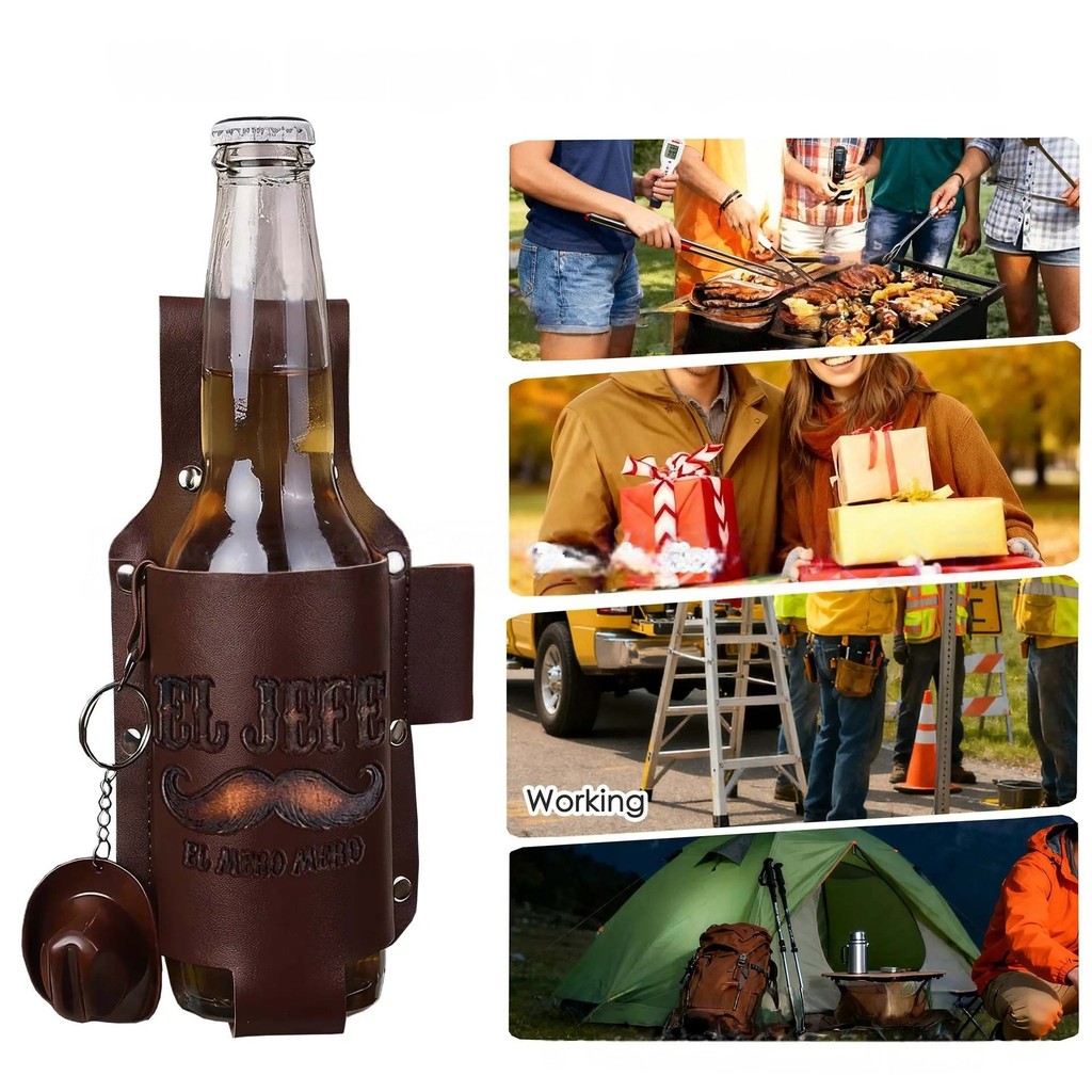 Suporte Para Garrafa De Cerveja De Couro De 1 Unidade Com Abridor , Coldre De Bebidas Design De Bigode Retrô Alça De Cin