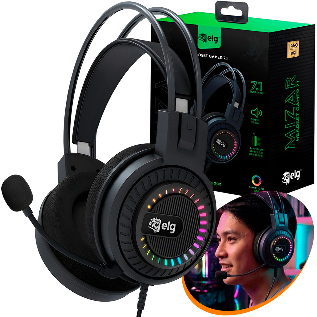 Headset Gamer ELG Mizar Surround 7.1 RGB Microfn Articulável PC PS4 Xbox Fone Ouvido Profissional