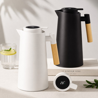 Garrafa Térmica 1 Litro com Termômetro LED Inoxidável para Café Chá Água Cabo de Madeira