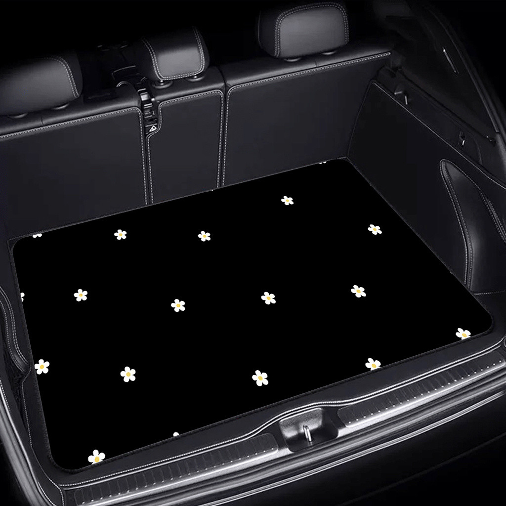 Tapete de porta-malas de carro com padrão de flor pequena branca com fundo preto de 1 unidade, durável e lavável à máqui