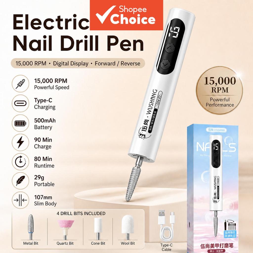 Lixador de unhas elétrico com 4 cabeçotes, carregamento Tipo-C e visor digital de bateria – compacto e leve