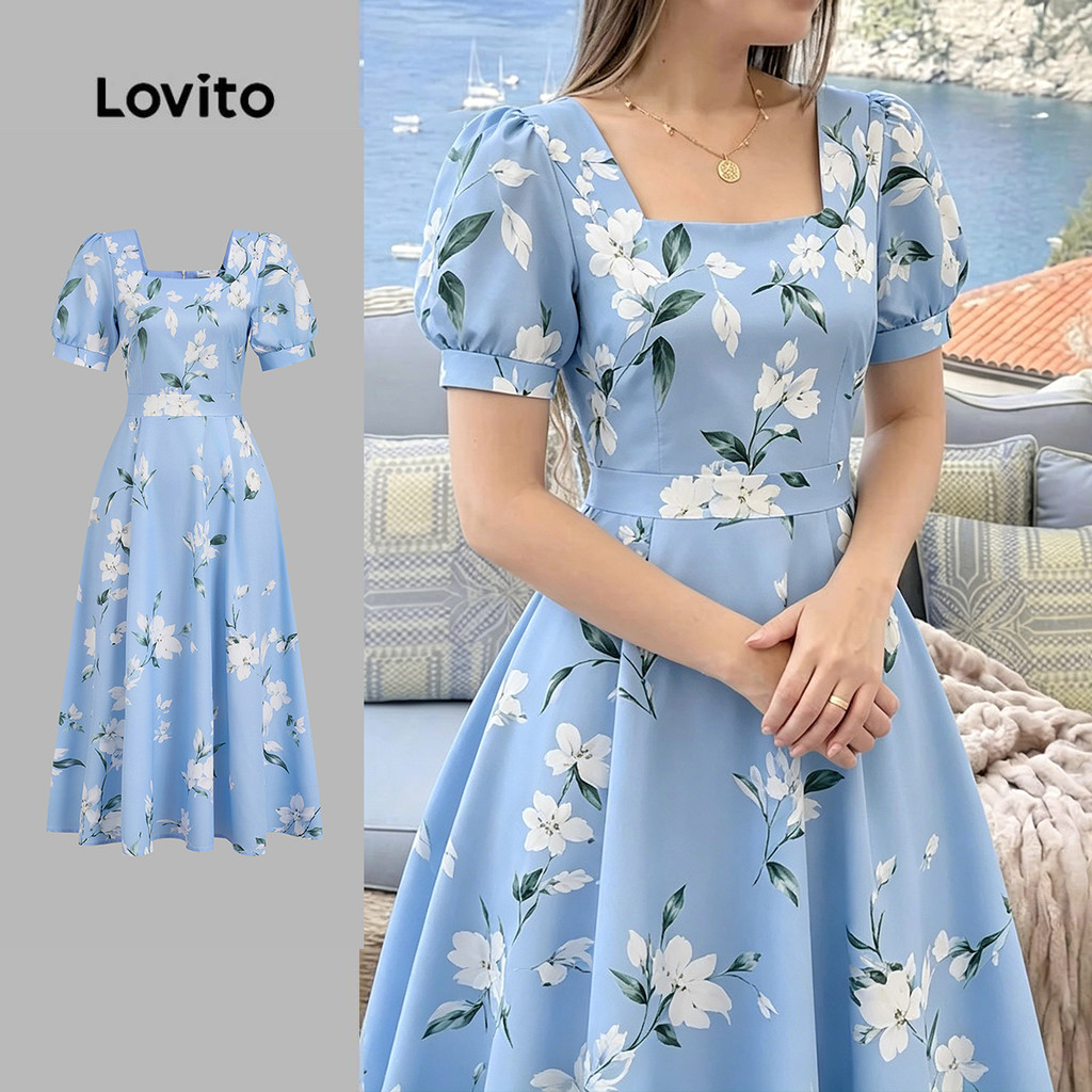 Lovito Vestido Elegante de Estrutura de Padrão Primavera/verão Azul para Mulhere