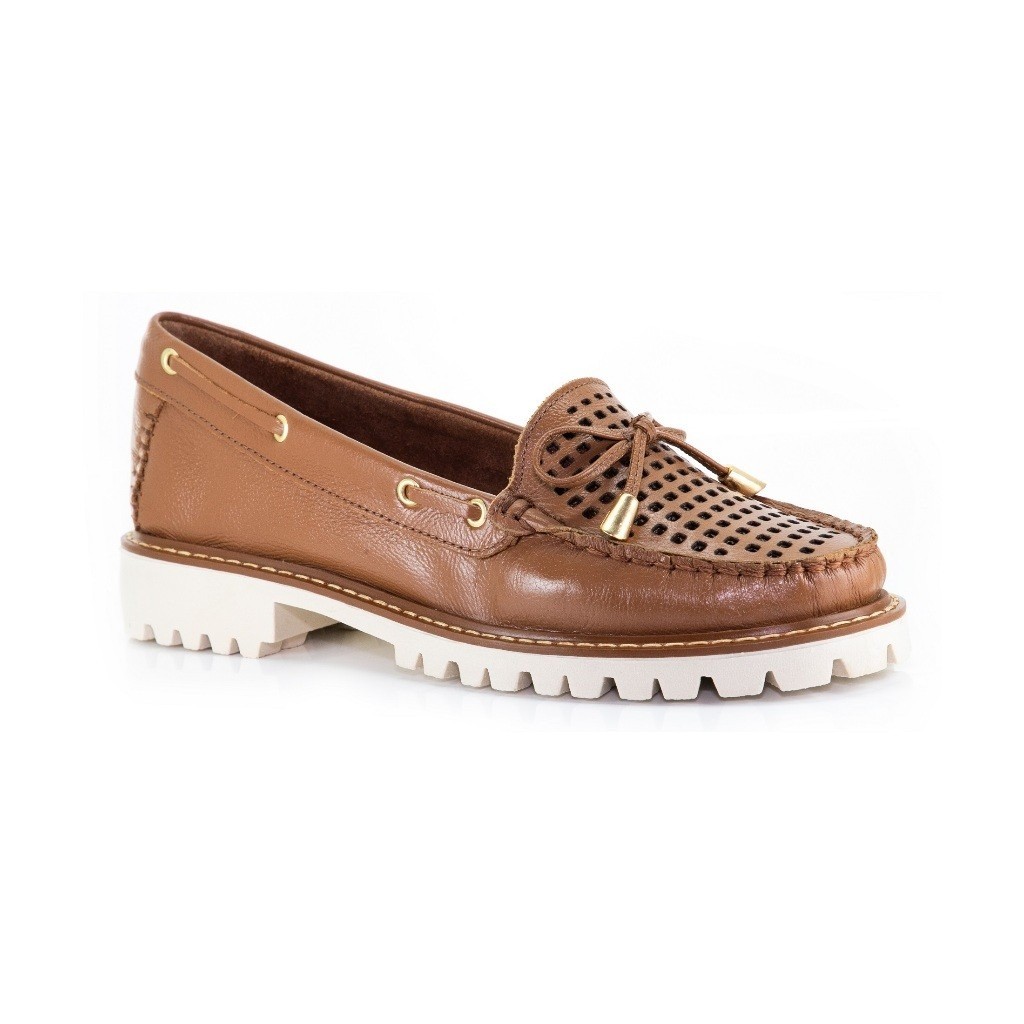 Mocassim Feminino Couro Legítimo Confortável Bico Redondo Solado Tratorado Antiderrapante Laço Metal
