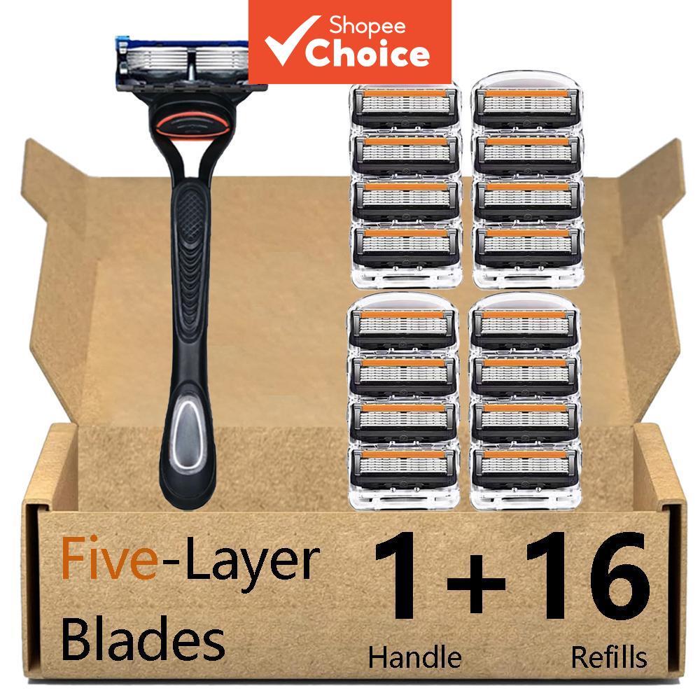 Barbeador Manual Masculino De Aço Inoxidável Com 16 Recargas-Lâminas De 5 Camadas , 1 Alça , Compatível Gillette Fusion
