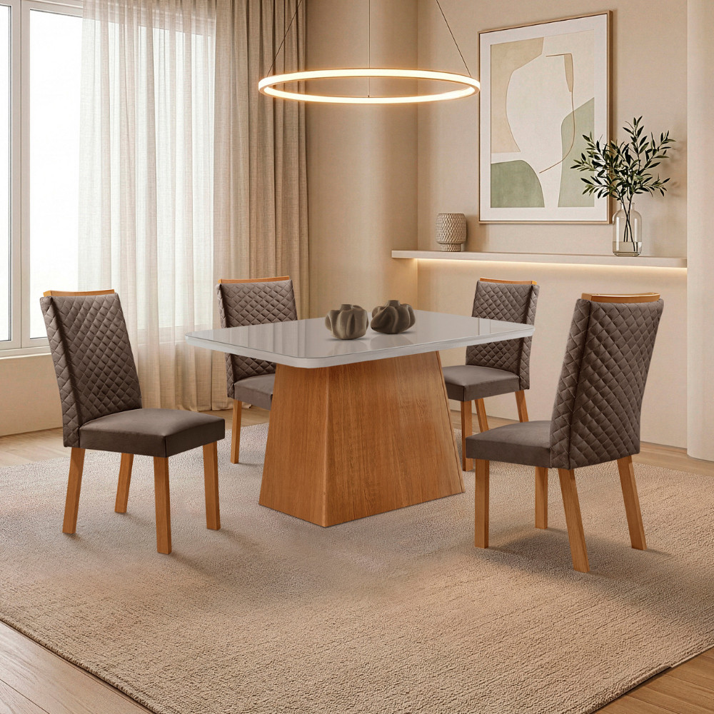 Mesa de Jantar Aida 120cm Tampo MDF e Vidro Canto Copo com 4 Cadeiras Lira Moderna Mobília