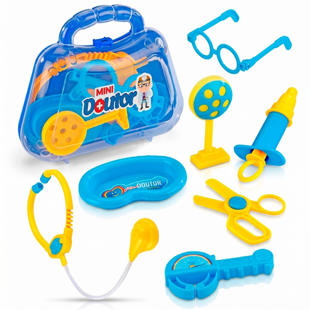 Kit Maletinha Mini Médico Com Estetoscópio Seringa Tesoura Otoscópio Aparelho De Pressão