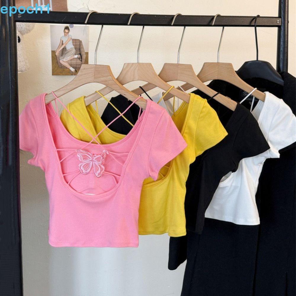 EPOCH1 Bowknot Lace-up Top , Backness Hollow-out Slim Short Crop Camisa De Fundo Y2K Camisetas De Manga Curta