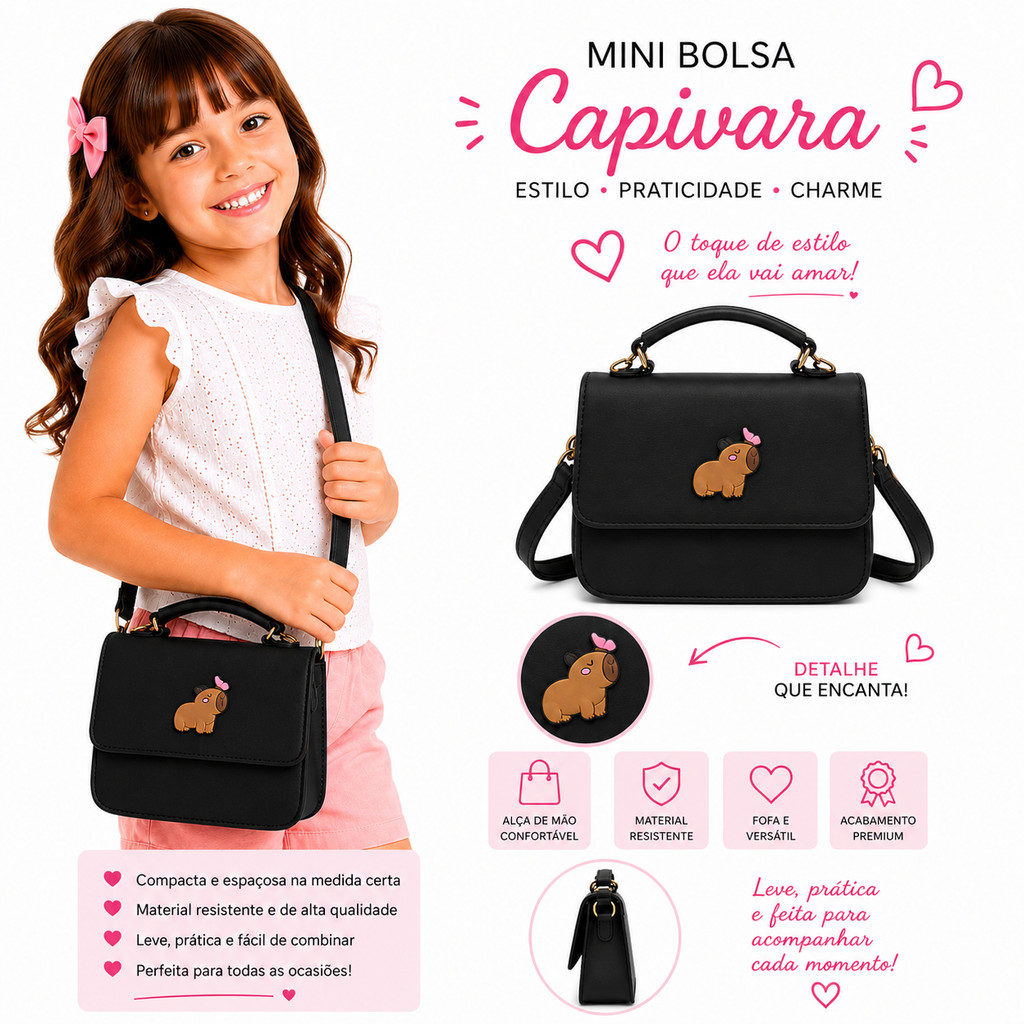 Bolsinha Infantil Capivara Com Alça De Mão Fofa Mini Bag Pelúcia Personagem Tendência Pop It Menina