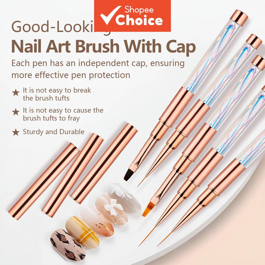 Novo Conjunto de Canetas para Unhas Transparente com 5 Peças de Fio Colorido, 3 Pincéis de Traço e 2 Pincéis de Ponta
