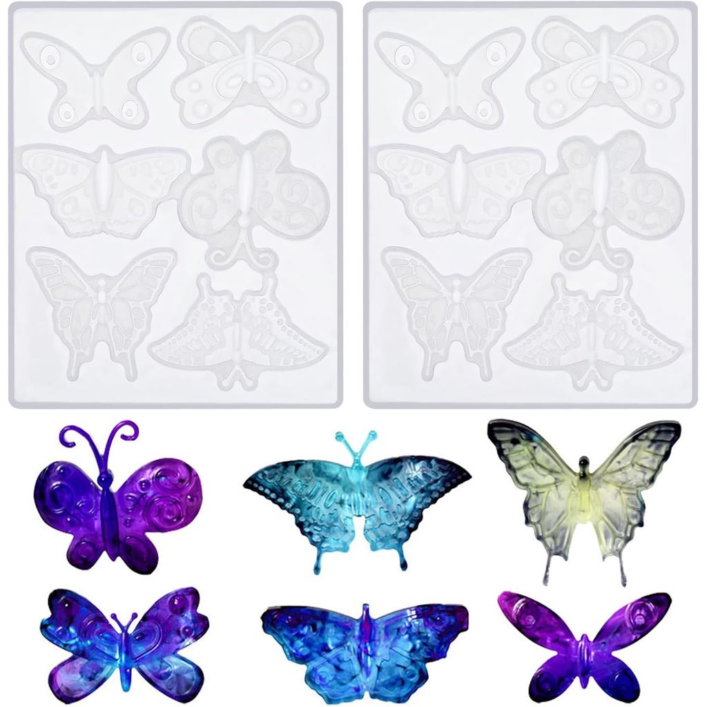 Conjunto de 2 Moldes de Silicone 3D em Forma de Borboleta para Resina Epóxi - 6 Estilos de Moldes para Joias, Pingentes