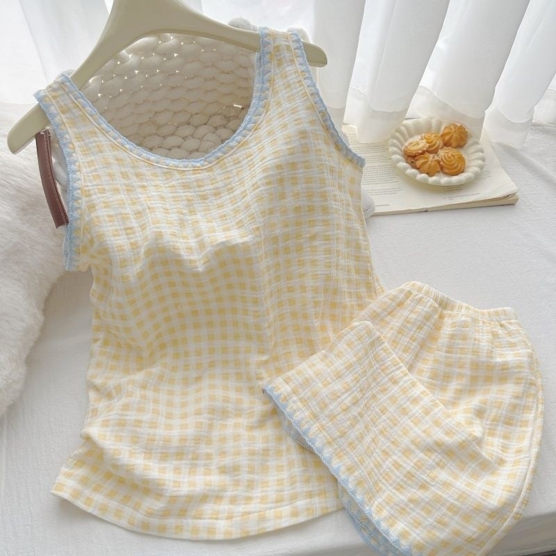 Simples borda azul creme amarelo xadrez sem mangas Shorts pijamas feminino verão nuvem algodão macio confortável terno v