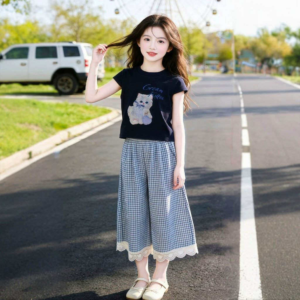 Pronto estoque 120-170CM meninas gato branco terno de manga curta médio grande crianças camiseta de renda fina xadrez ca