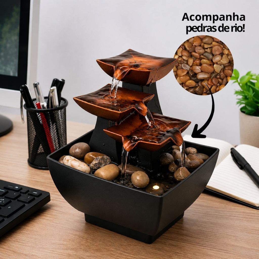 Imagem Fonte de Água Decorativa Zen Mini Cascata Resina para Sala Escritório Quarto