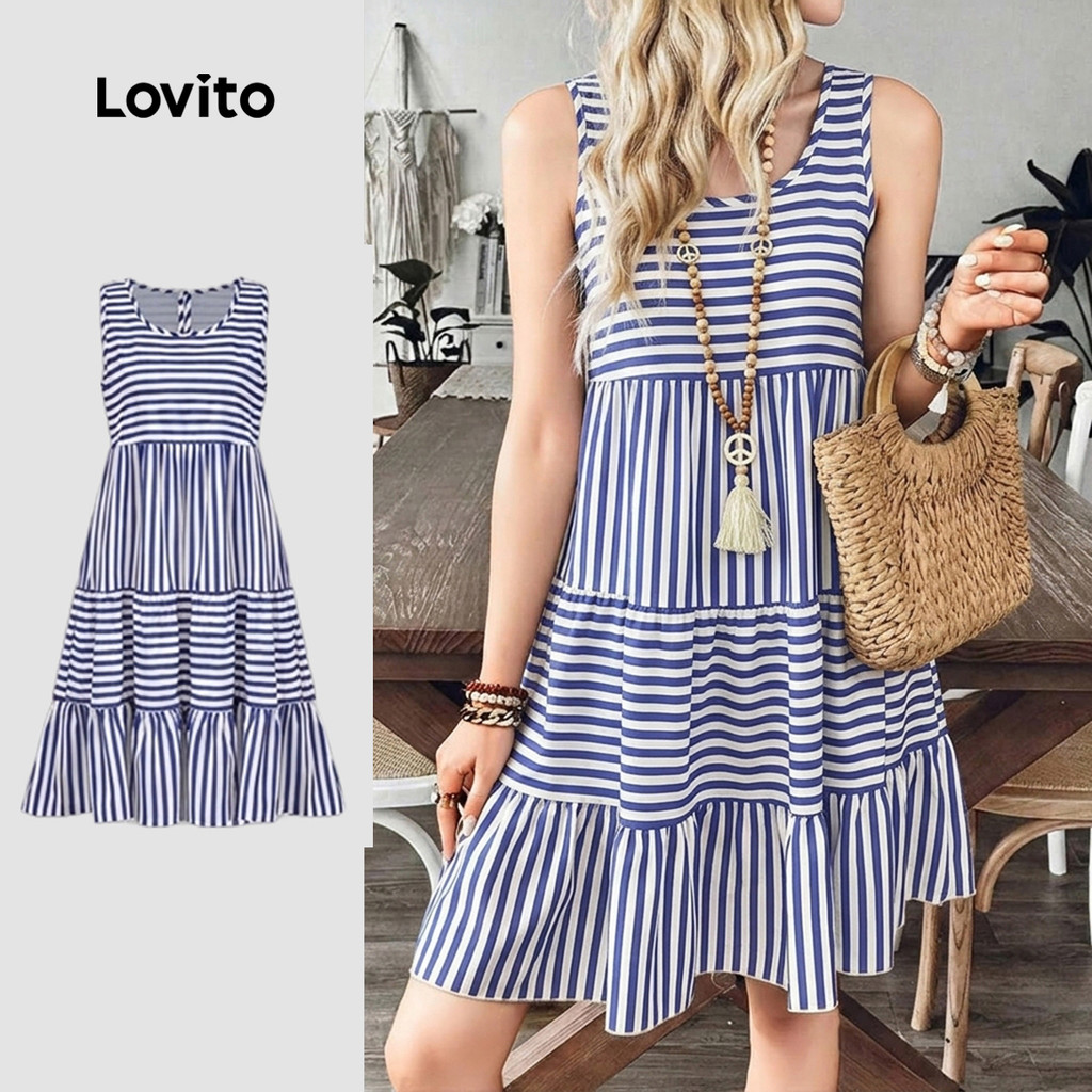 Lovito Vestido Férias Estilo Resort Tecido Costurado Vestido Primavera/verão Par