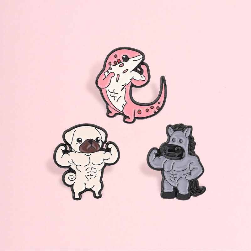 Engraçado Buff Animais Musculares Broche Pinos Forte Pug Cavalo Lagarto Emblemas De Metal Para Amantes Da Fitness