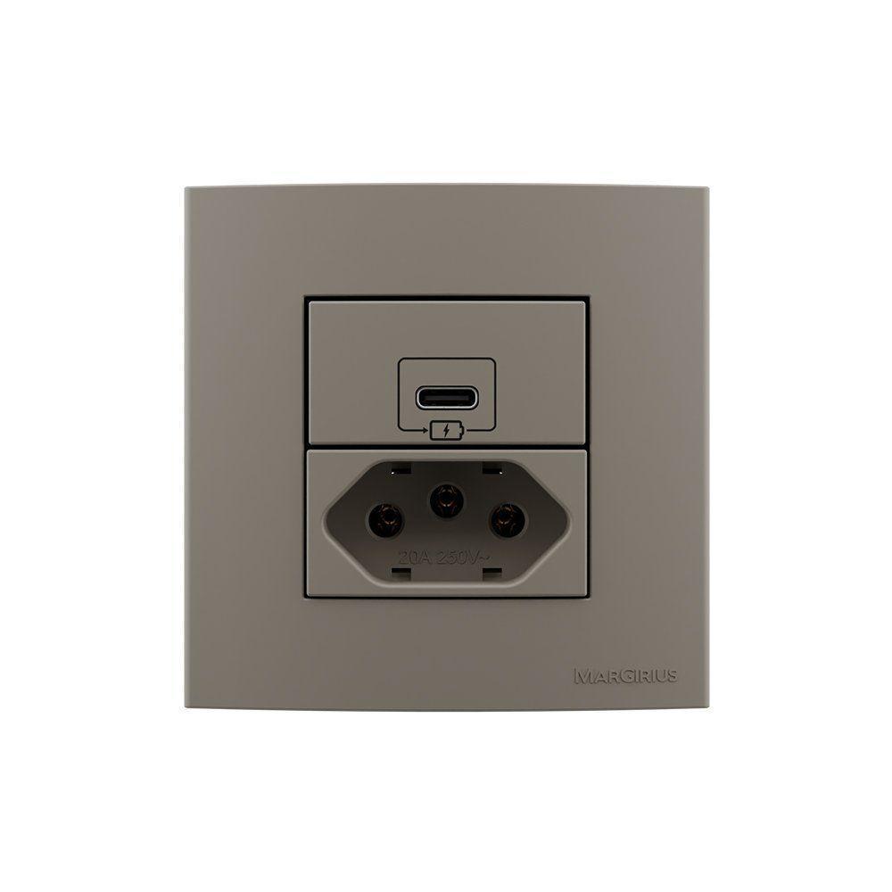 Placa Para Móveis 80x80 Com Tomada Usb-c 2a 10w E Tomada 2p+t 20a Margirius Sleek Argila Argila