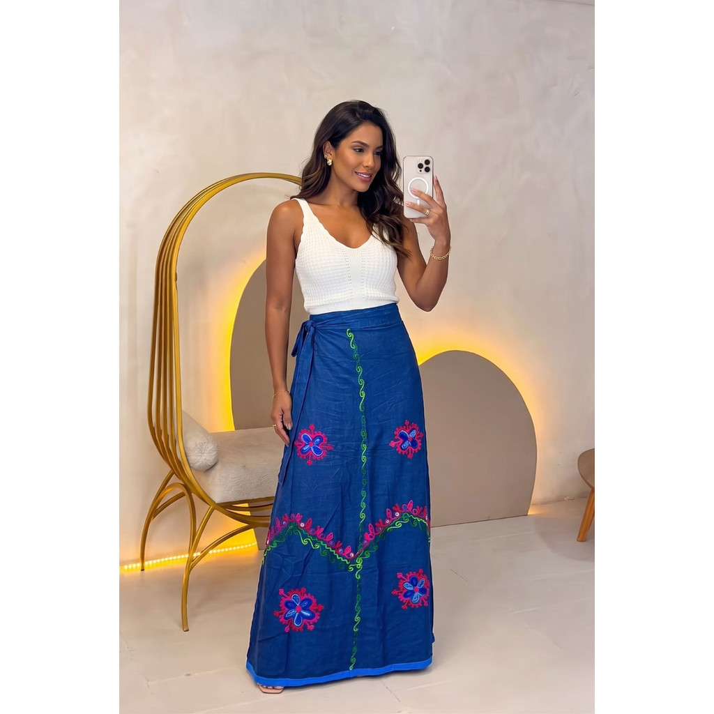 Saia Envelope Longa Bordada Azul Look Elegante- A2Z-240:B