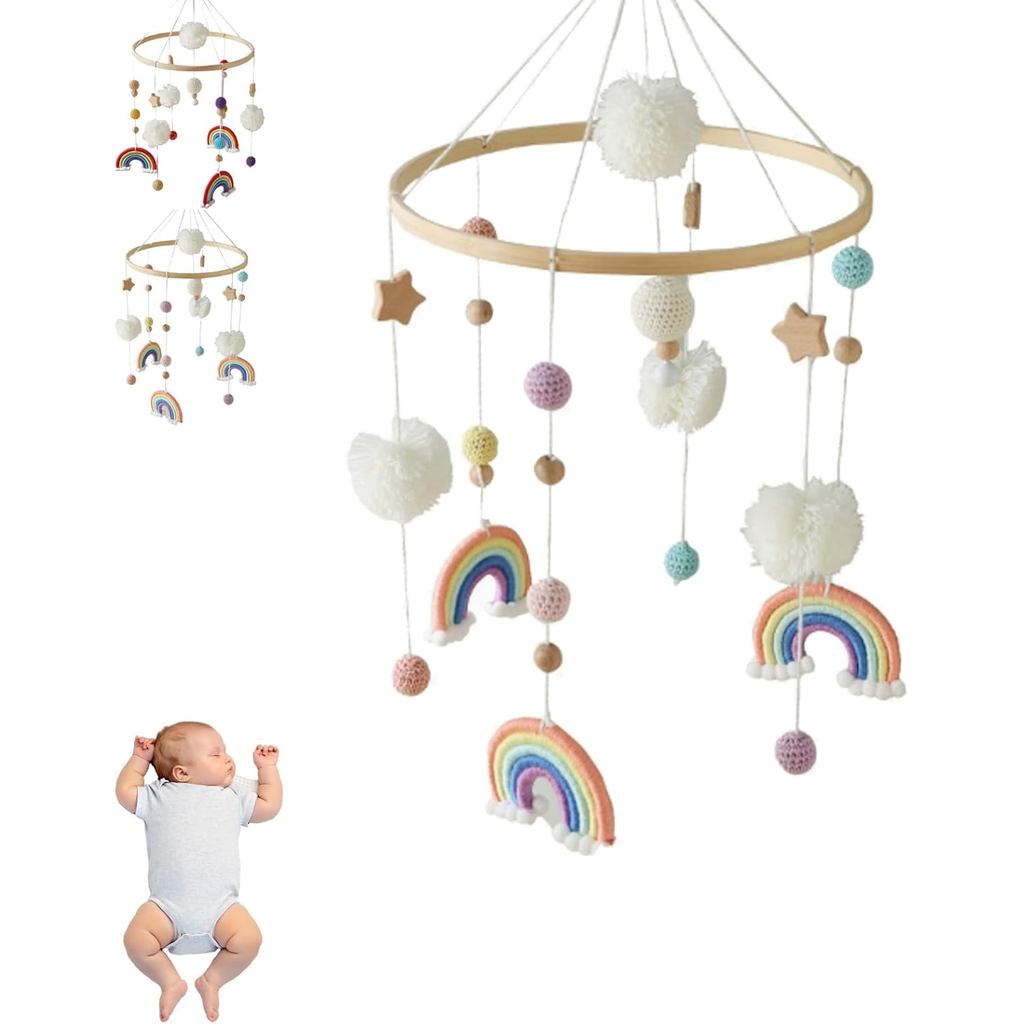 Móbile de Berço RainbowBaby, Móbile de Macramê Feito à Mão para Berçário com Bolas de PomPom e Estrelas, Sino de Vento N