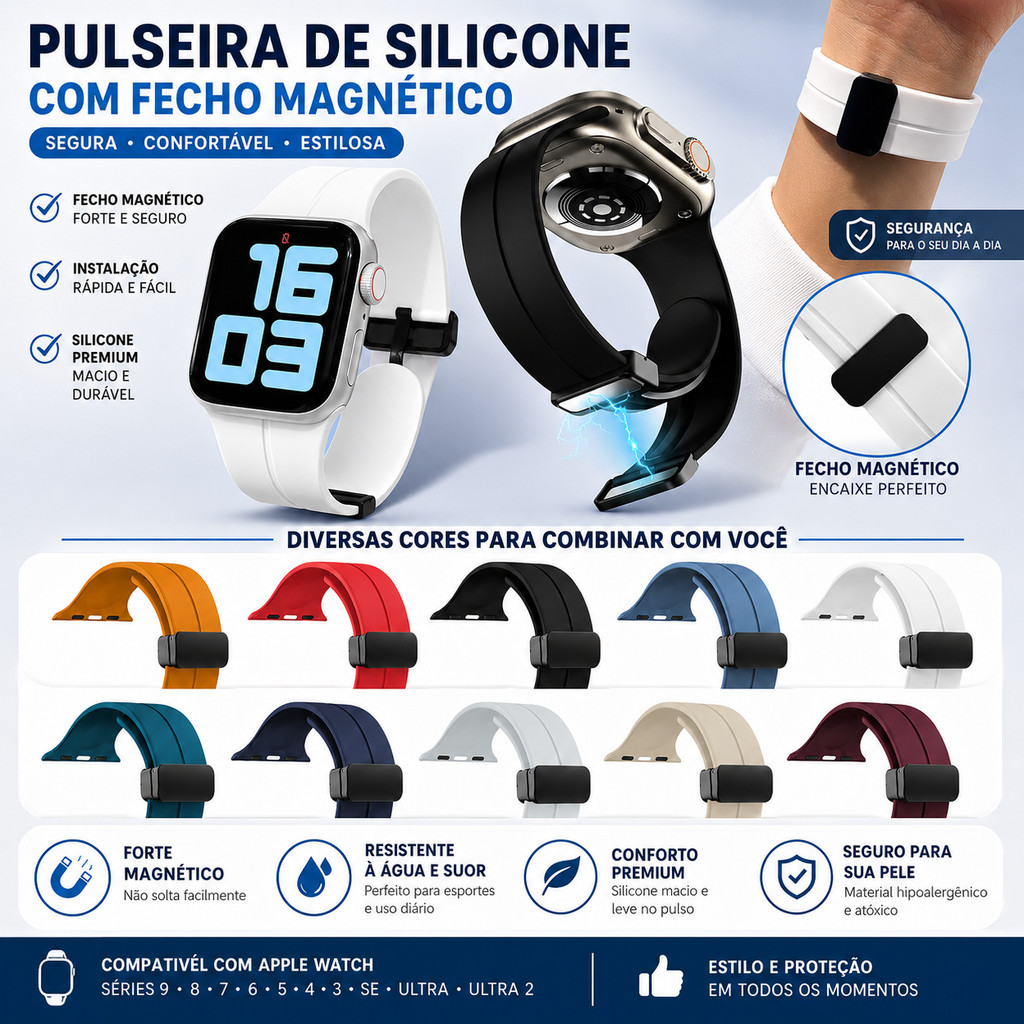 Pulseira Magnética Silicone Apple Watch Series 10 11 SE SE2 SE3 Ultra 1 2 3. 38 
