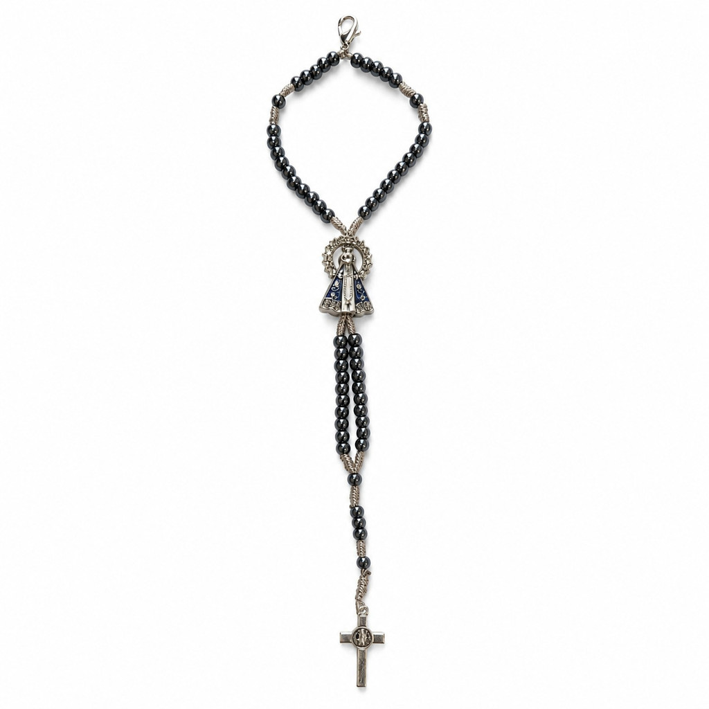 Terço de Pulso Nossa Senhora Aparecida Pedra Hematita Pulseira Masculina Feminina Dezena Oração Luxo