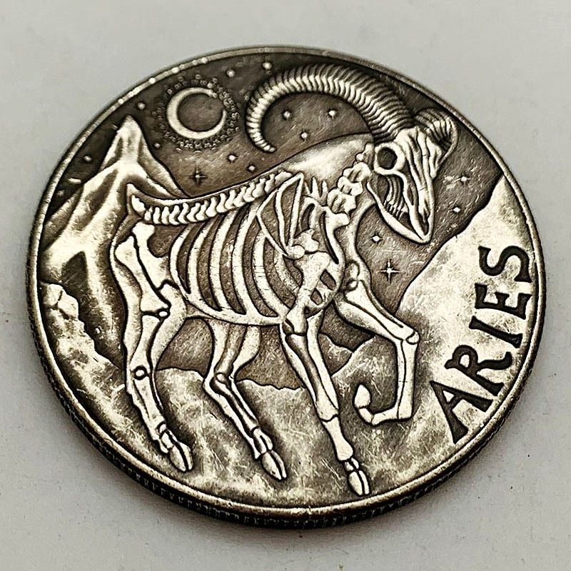 O vendedor recomenda bons produtos!!Moeda perdida Áries Constelação Crânio Latão Medalha de Prata Antiga Presente Criati