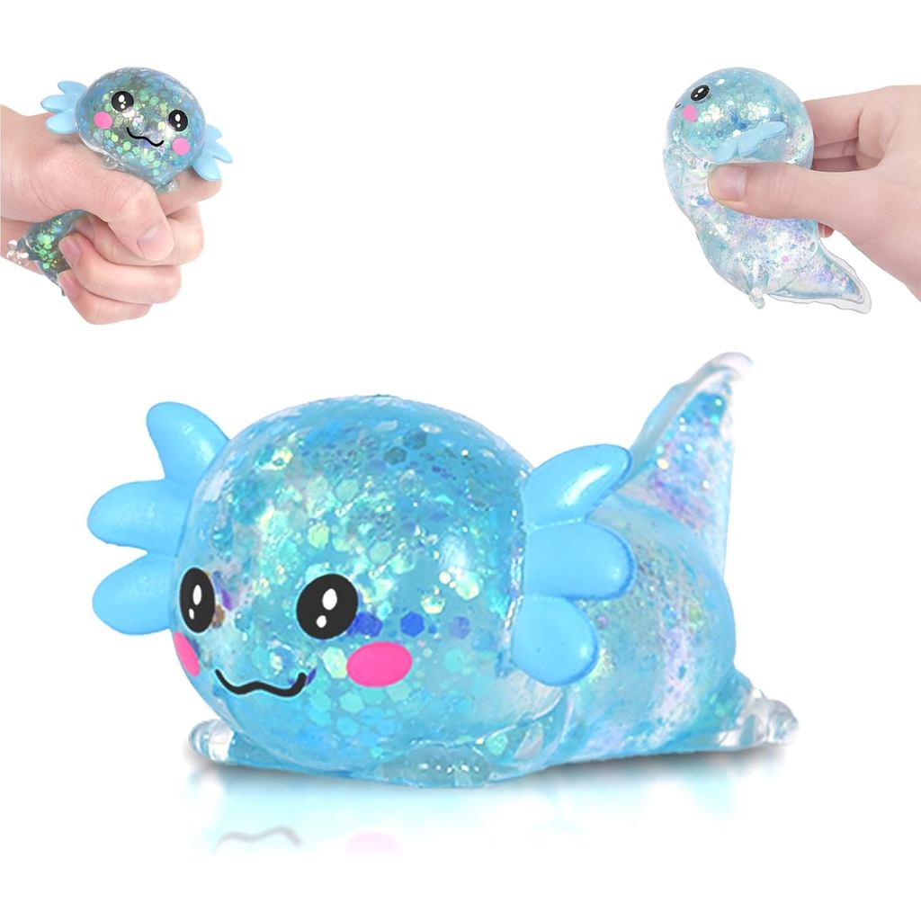 Brinquedo Squishy Axolote Deitado - 1 Unidade, Brinquedo de Apertar com Brilho e Elevação Lenta, Brinquedo Anti-estresse