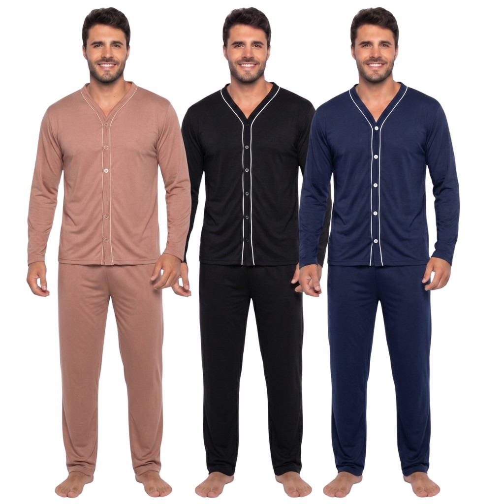 Pijama Longo Americano Masculino / Pijama de Botão / Roupa de Dormir