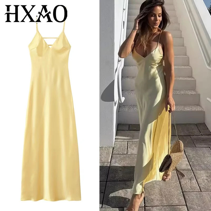 Vestido Amarelo Feminino HXAO, Vestido de Sem Mangas, Vestido de Cetim, Vestido Longo Sexy Sem Costas, Vestido de 