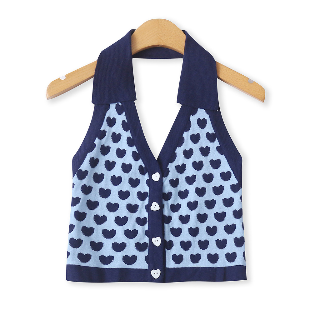 Colete de malha Halterneck outono novo estilo comércio exterior moda feminina curto fino-ajuste gola POLO único Breasted