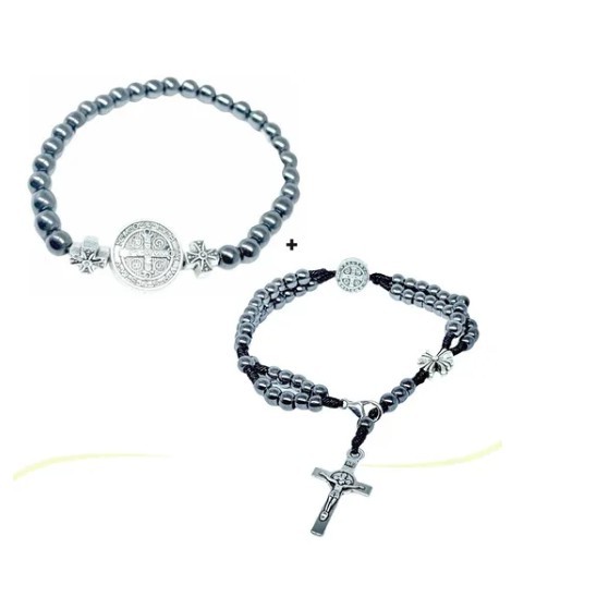 kit pulseira de hematita são bento+ terço de pulso hematita são Bento