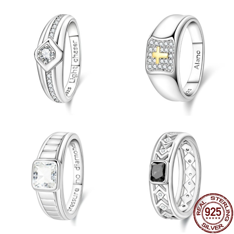 Anel masculino Original S925 prata rosto largo cruz anel masculino quadrado diamante anel Retro masculino presente de an