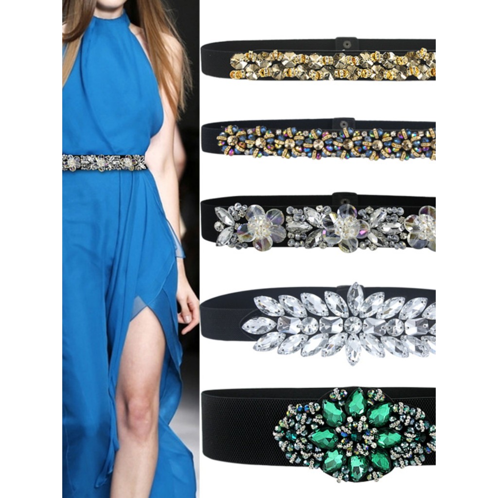 Senhoras moda flor strass incrustado cinto largo feminino All-Match vestido cintura elástica na moda cinto decorativo