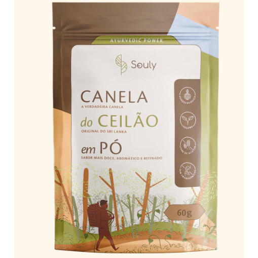 Canela do Ceilão em Pó Souly 60g - Original do Sri Lanka - 100% Pura e Natural - Uso Terapêutico e Culinário - Original