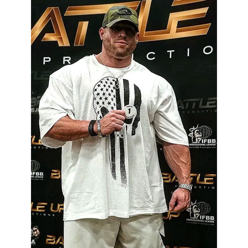 Gasp verão americano Fitness musculação treinamento crânio manga curta puro algodão solto esportes lazer tamanho grande