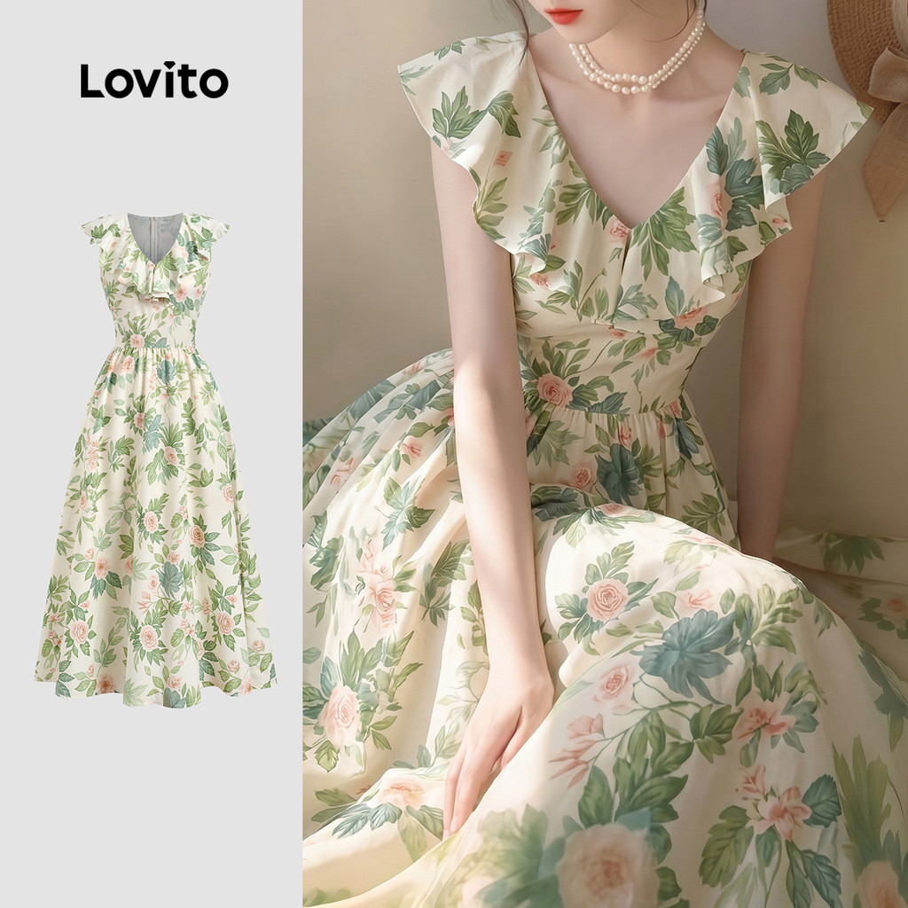 Lovito Longo Férias Padrão de Vestido com Babados Florais - Vestido Primavera/ve