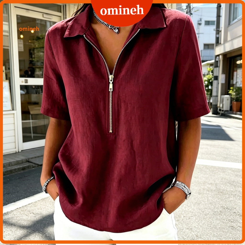 Versatile Women Tops Solid Color Women’s Lapel Zipper Pullover Top – Short Sleeve Half Placket Blouse Regular Fit fo