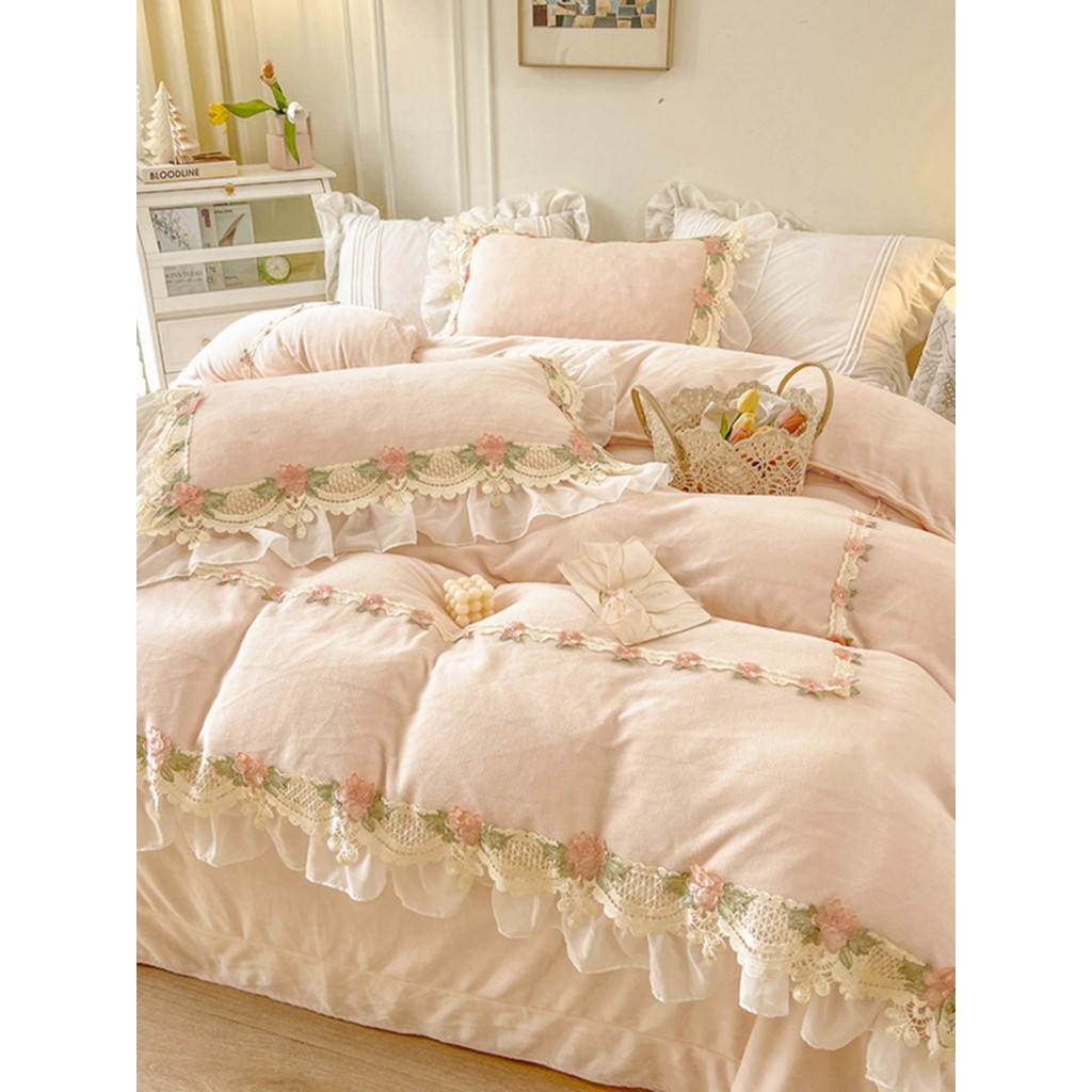 Conjunto de quatro peças de lã de leite grosso inverno Coral velo lençol colcha capa inverno flanela estilo princesa cam
