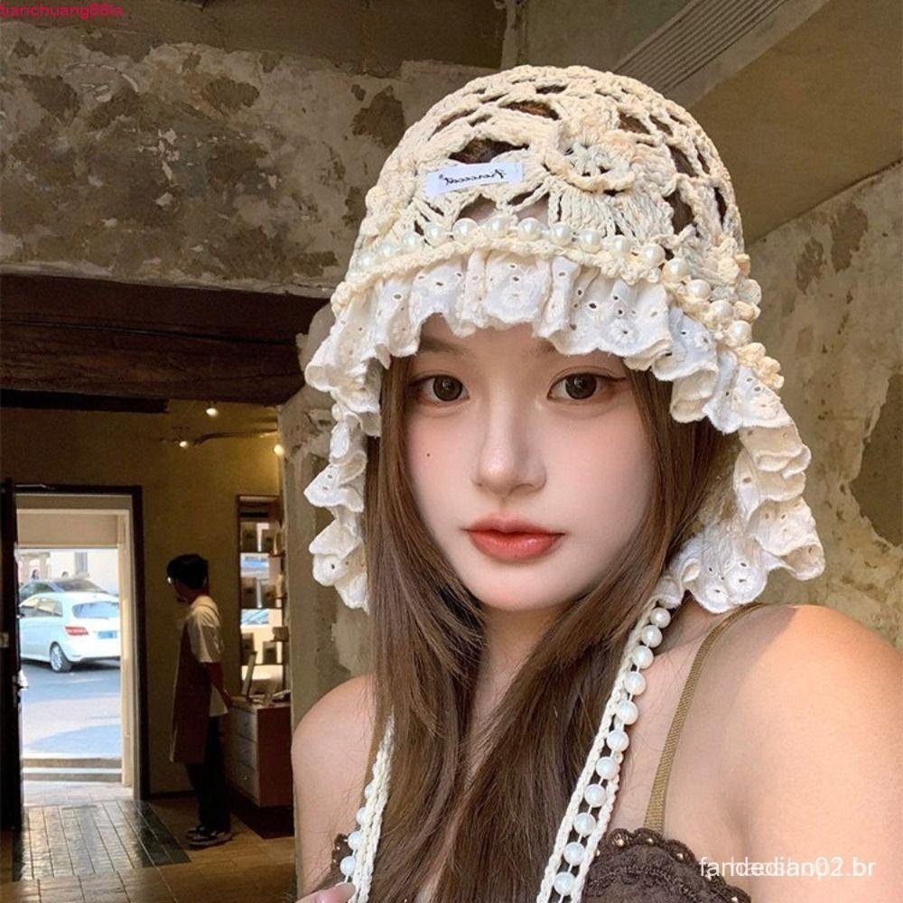 TIANCHUANG Gorro de Crochê com Flores, Gorro de Renda Fina com Borlas de Pérolas, Boné Coreano Feito à Mão W0UB