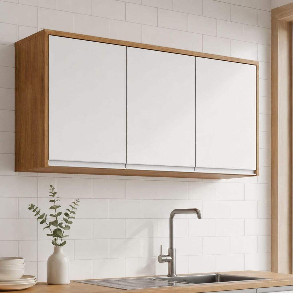 Armário Suspenso Para Cozinha 119cm Módulo 3 Portas Nina Amêndoa/Branco