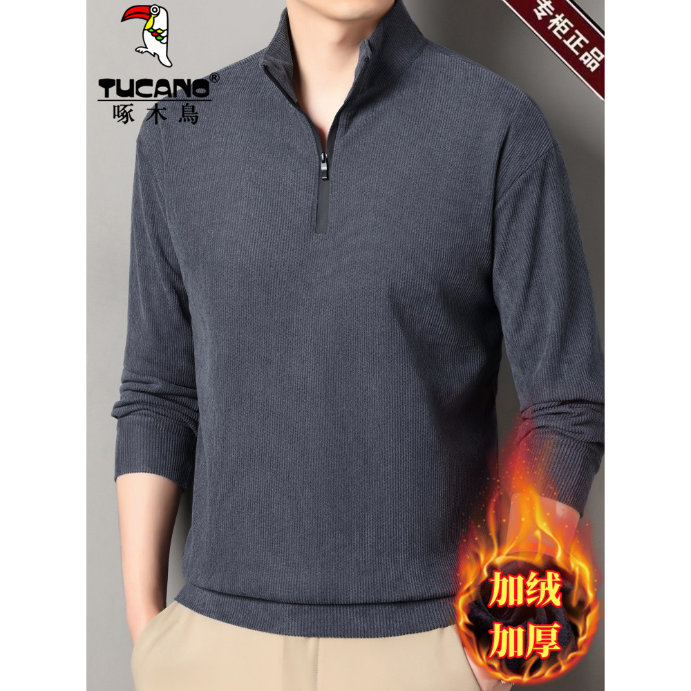 Woodpecker masculino meio zíper manga comprida camiseta outono inverno gola alta cor sólida