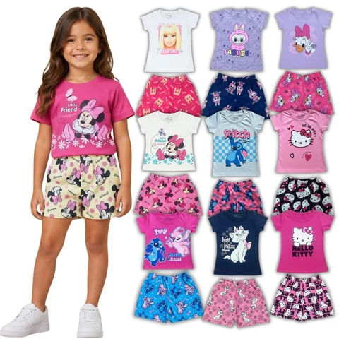 Kit 6 Peças Menina Infantil Personagens Verão Conjunto Feminina Calor Barbie Stitch Minnie 1 ao 10