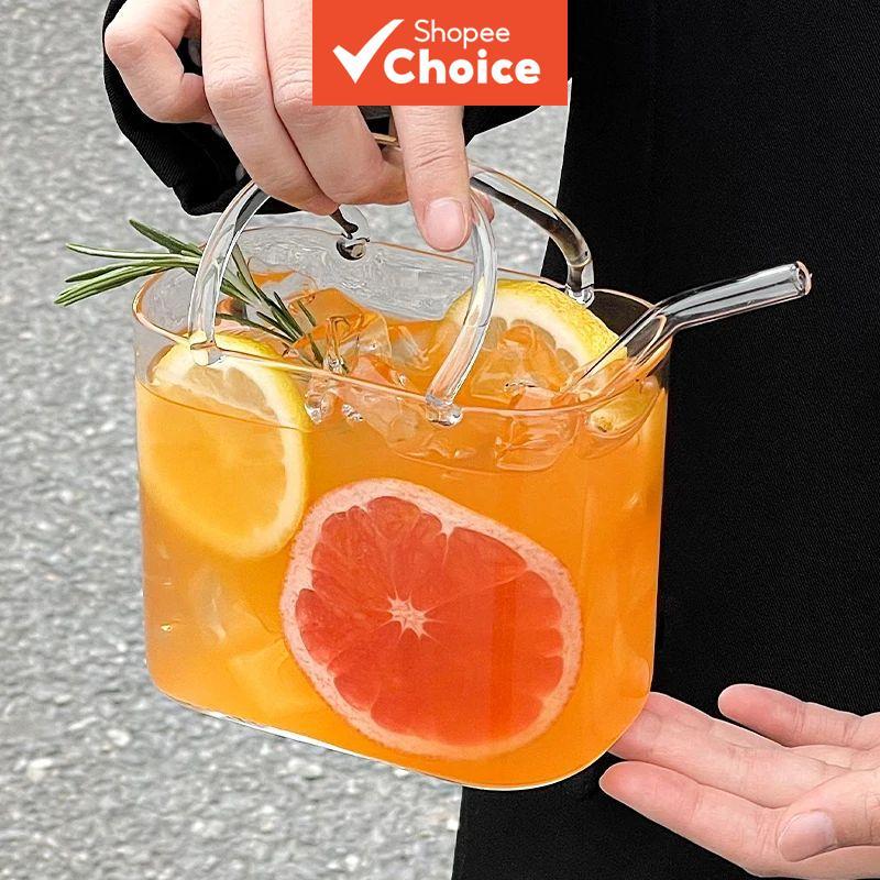 Copo de Vidro para Bebida e Bolsa 770 ml, Copo de Coquetel, Copo de Vinho com Canudo, Criativo para Chá de Frutas e