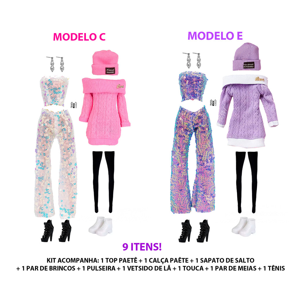 Kit Roupas Boneca 9 Itens 2 Conjuntos Lã + Paetê + 2 Sapatos — imagem 2 de 2