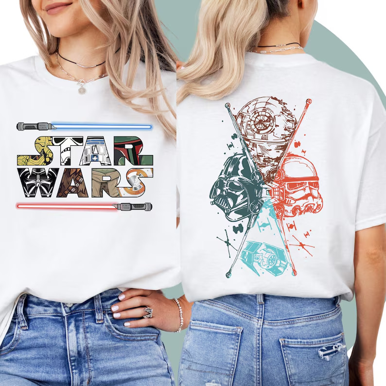 Camiseta Masculina Feminina Oversized Estampa Star Wars Personagens e Sabres de Luz Frente e Verso T-shirt Streetwear