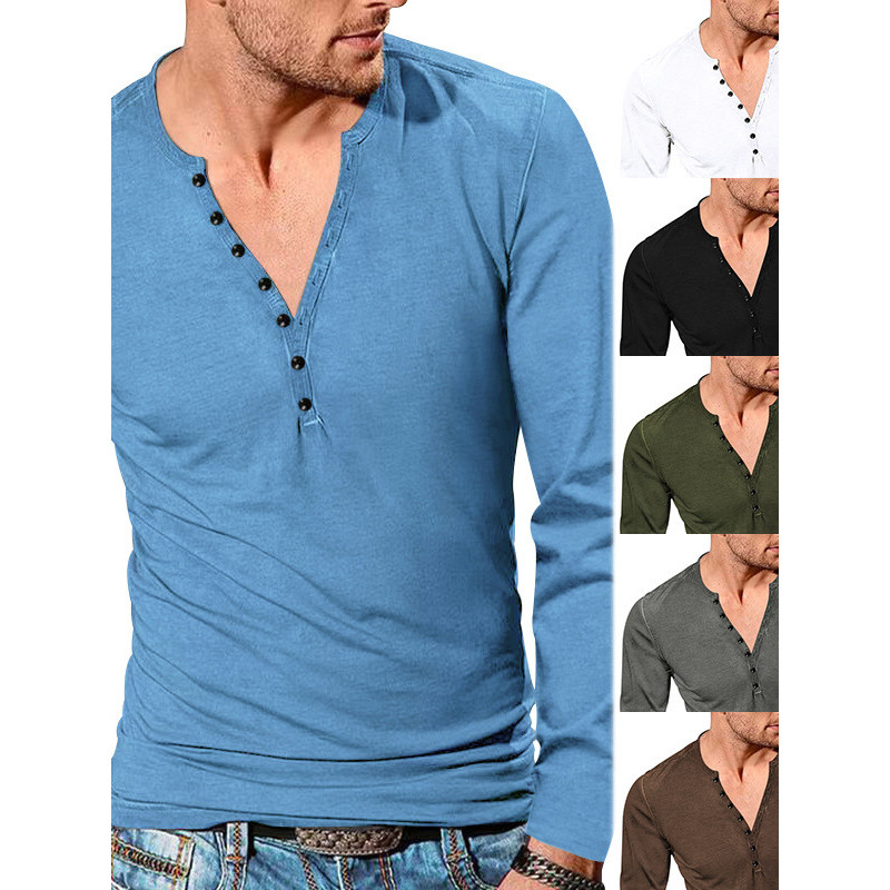 Henry camiseta masculina com decote em v primavera outono henry camisa Retro de manga comprida Casual botão com decote e