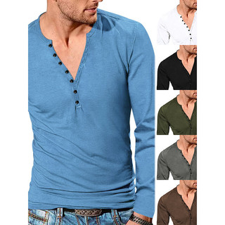 Henry camiseta masculina com decote em v primavera outono henry camisa Retro de manga comprida Casual botão com decote e